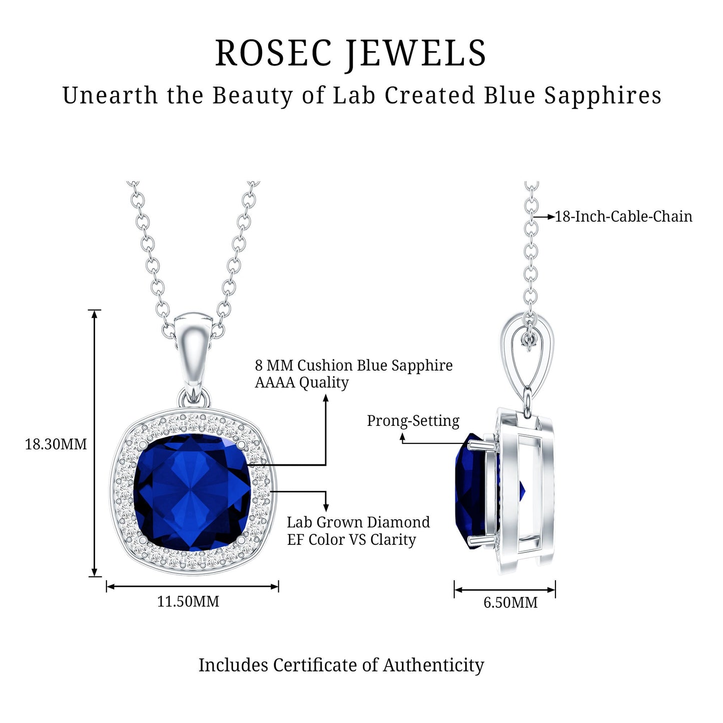 2.7 Carat Cushion Cut Lab Created Blue Sapphire and Diamond Halo Pendant