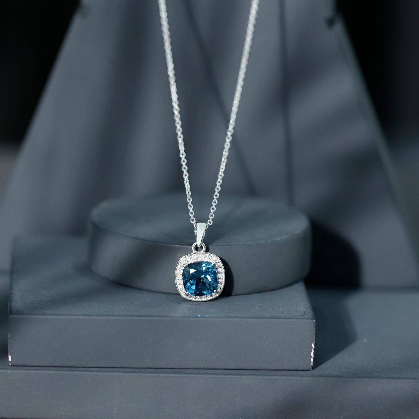 Cushion Cut 2.8 Carat London Blue Topaz Pendant with Diamond Halo