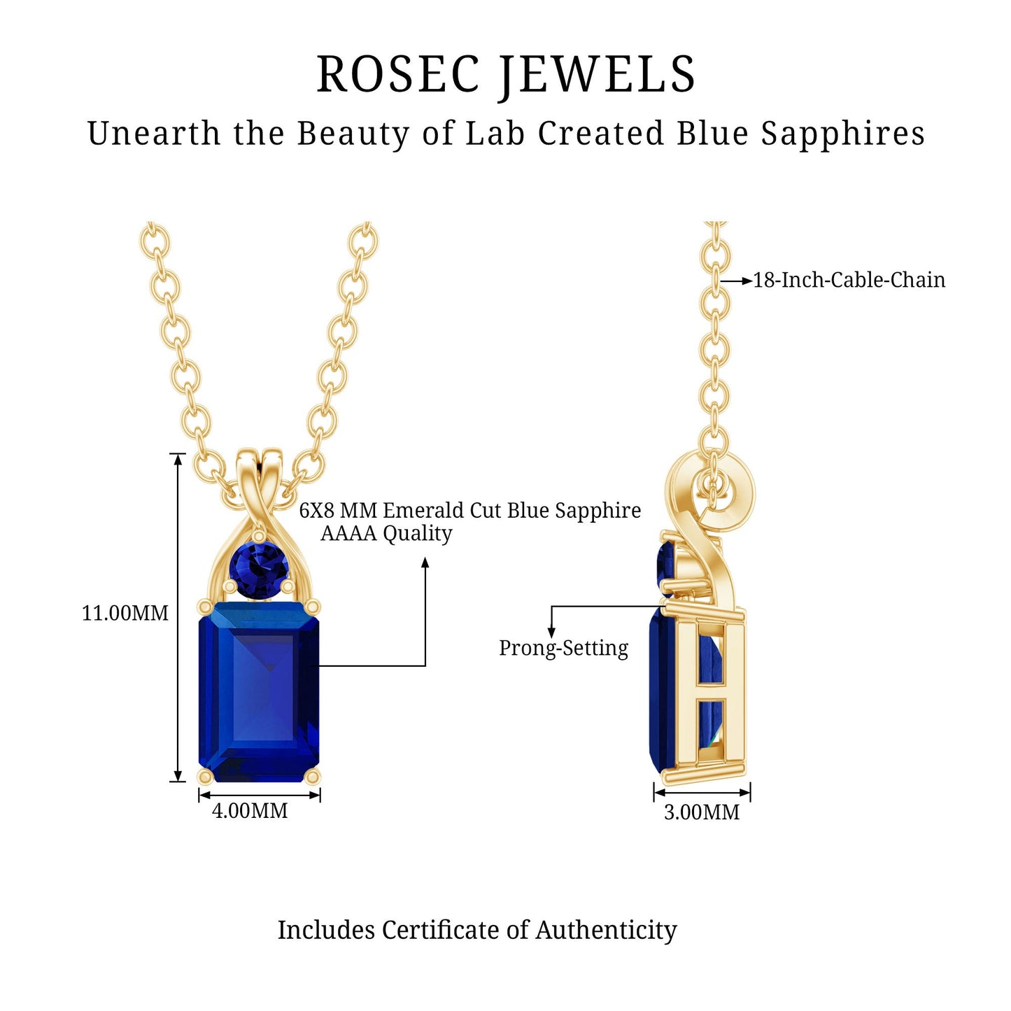 1.75 CT Lab Created Blue Sapphire Emerald Cut Pendant
