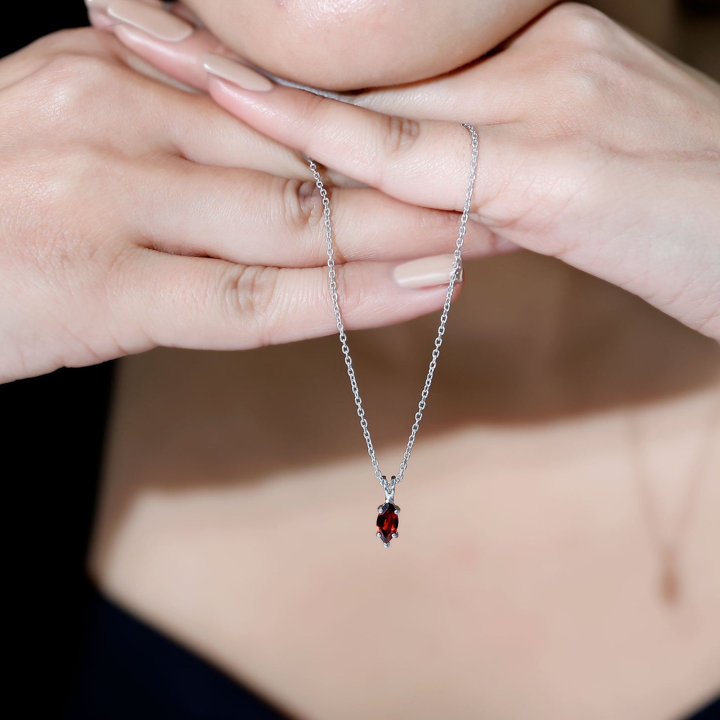 Real 0.75 Carat Garnet Marquise Necklace with Chain