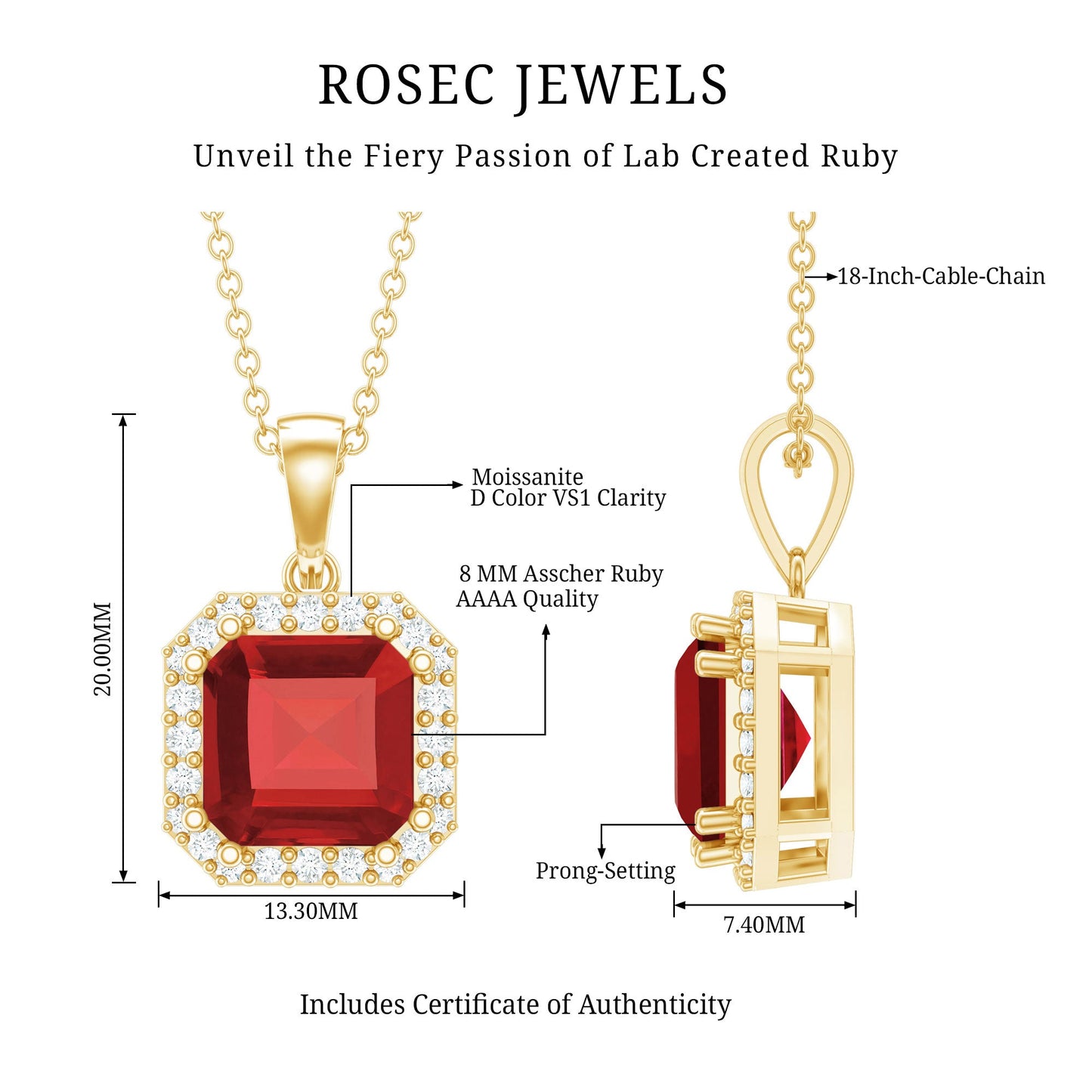 4.8 Carat Asscher Cut Lab Grown Ruby Necklace With Diamond