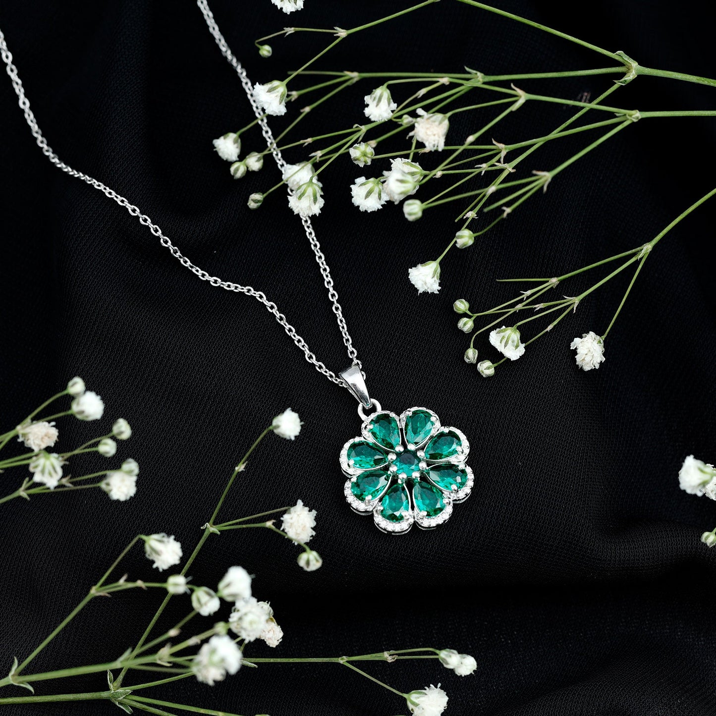 Womens Lab Grown Emerald Flower Necklace with Chain