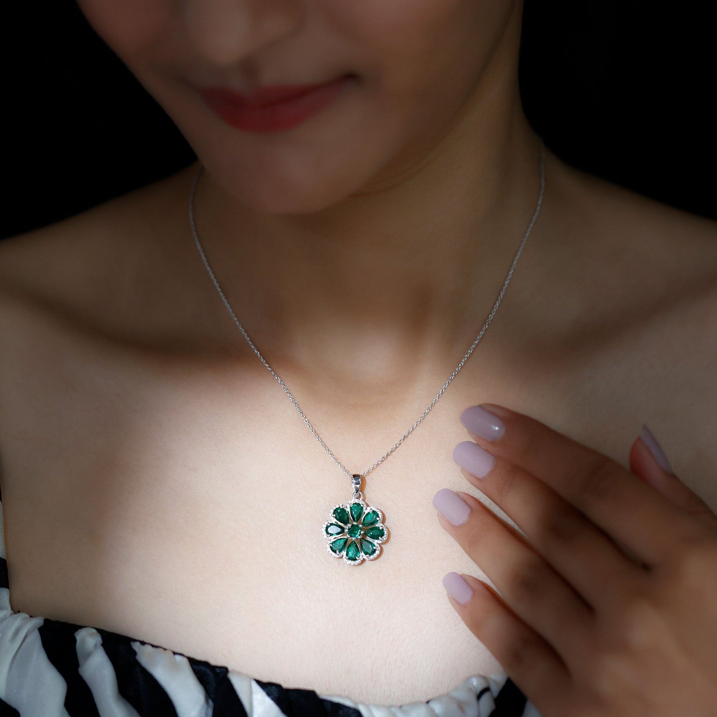 Womens Lab Grown Emerald Flower Necklace with Chain