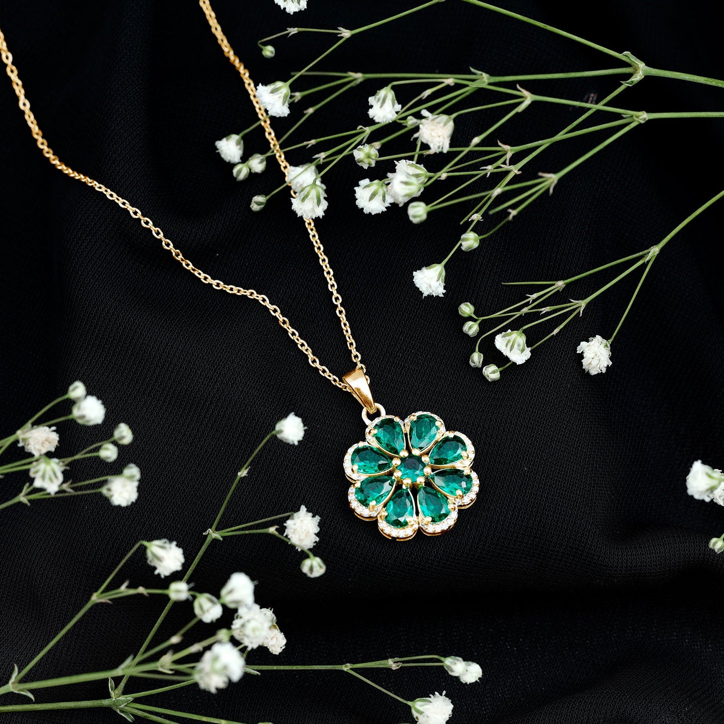 Womens Lab Grown Emerald Flower Necklace with Chain