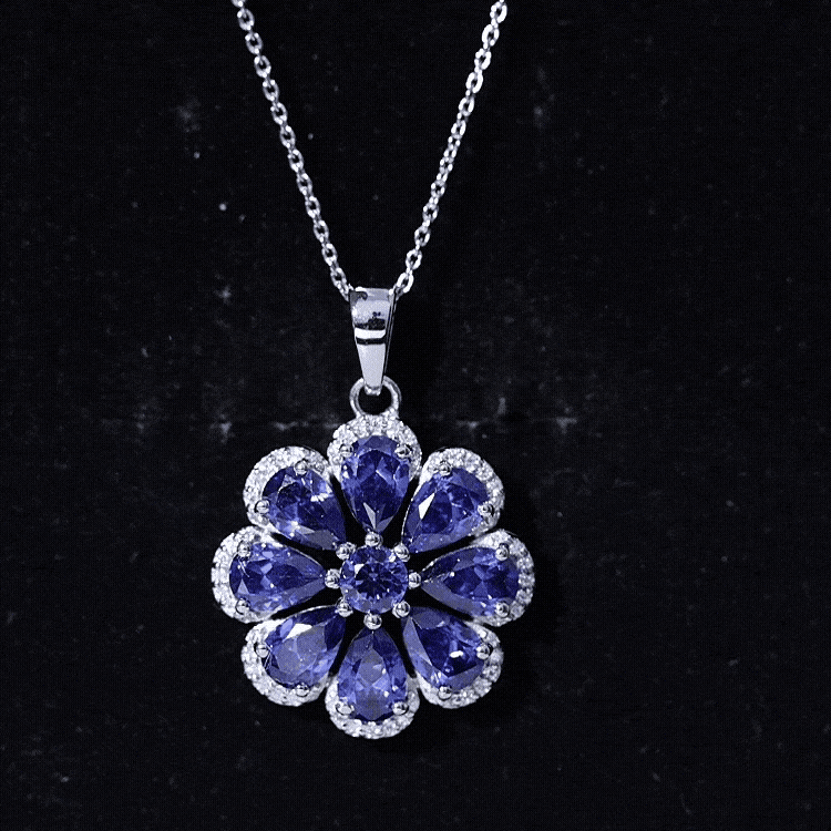 Lab Created Blue Sapphire Flower Necklace with Moissanite Halo