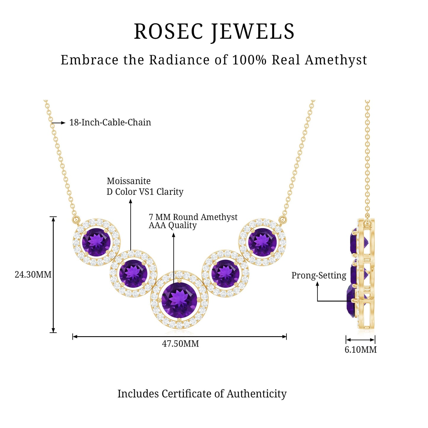 Natural Amethyst Bridal Necklace with Moissanite Halo