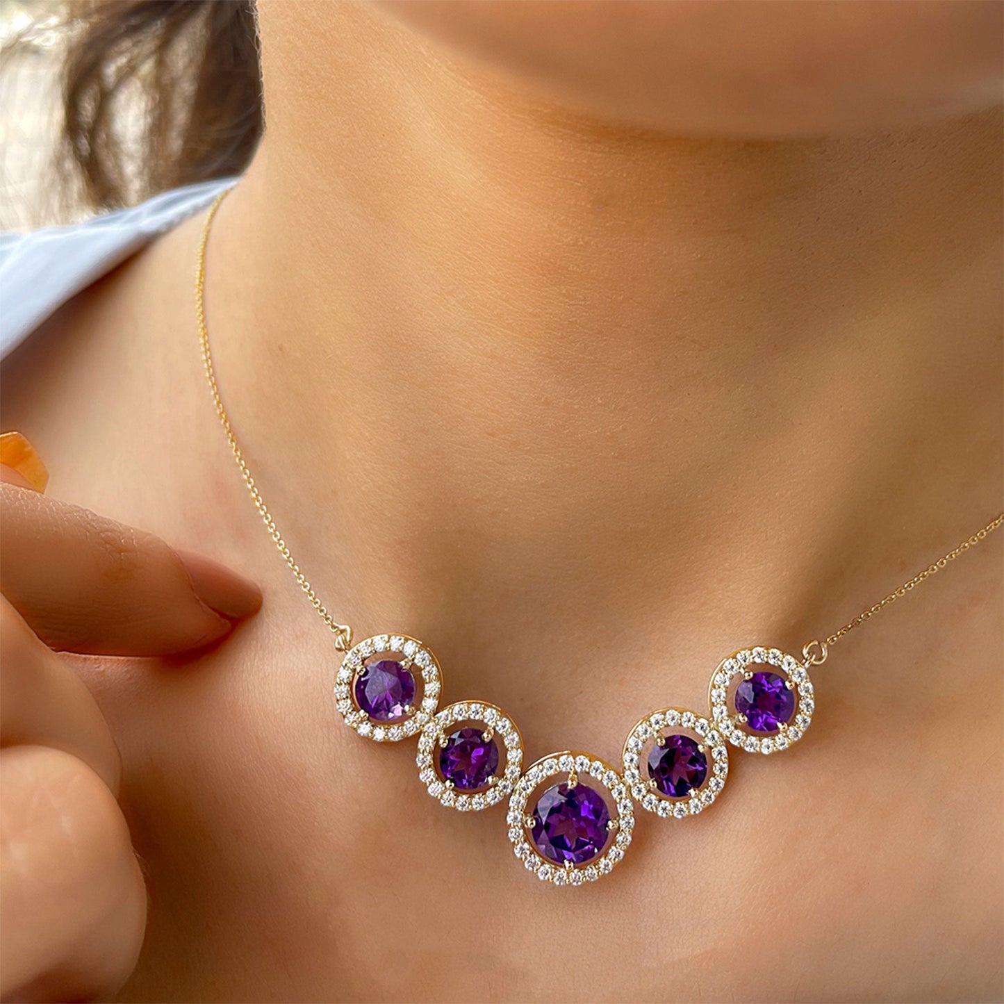 Natural Amethyst Bridal Necklace with Moissanite Halo