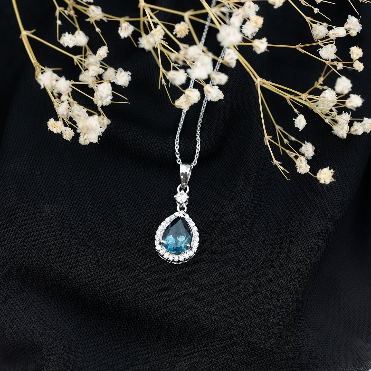 1.75 Carat London Blue Topaz Teardrop Necklace with Moissanite Halo