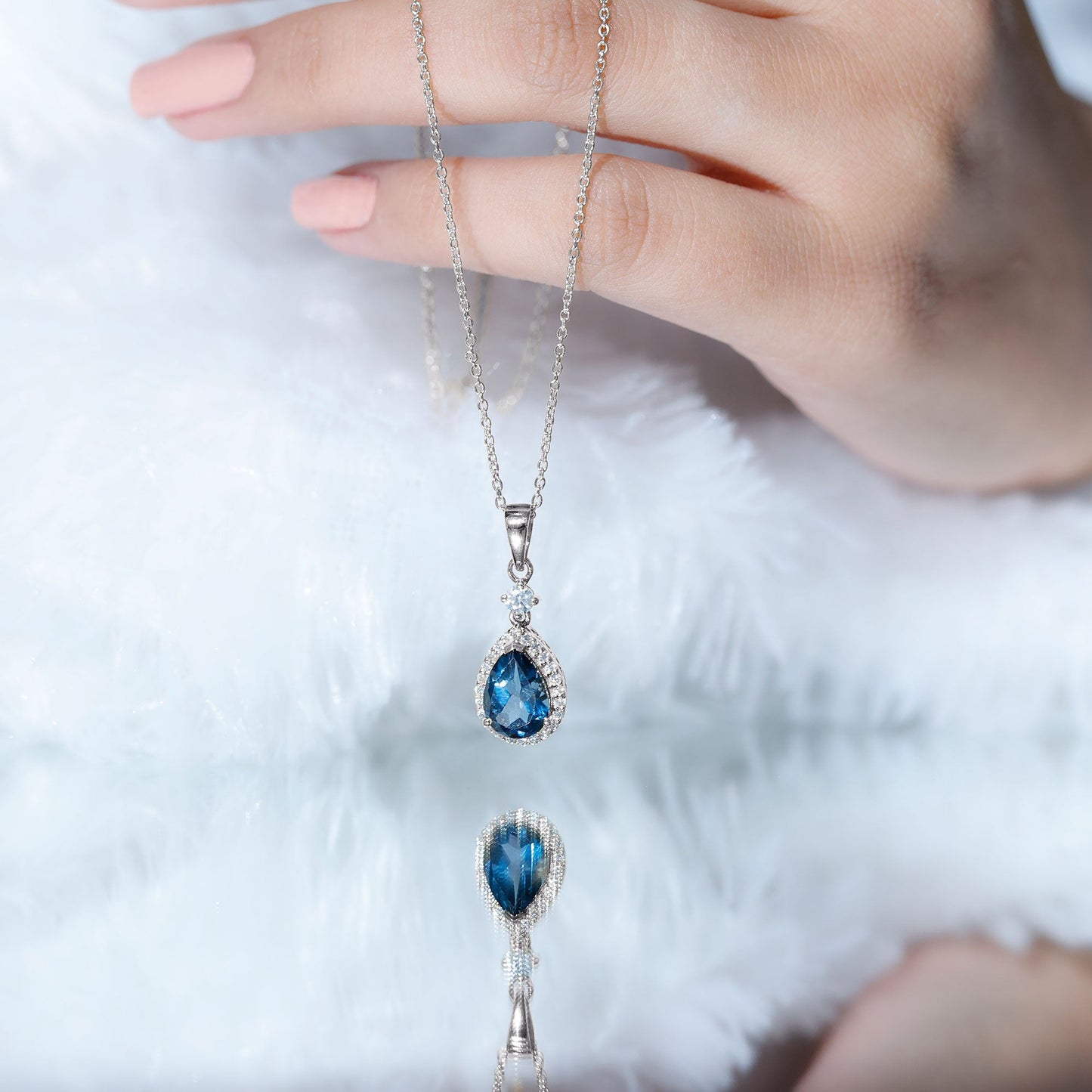 1.75 Carat London Blue Topaz Teardrop Necklace with Moissanite Halo