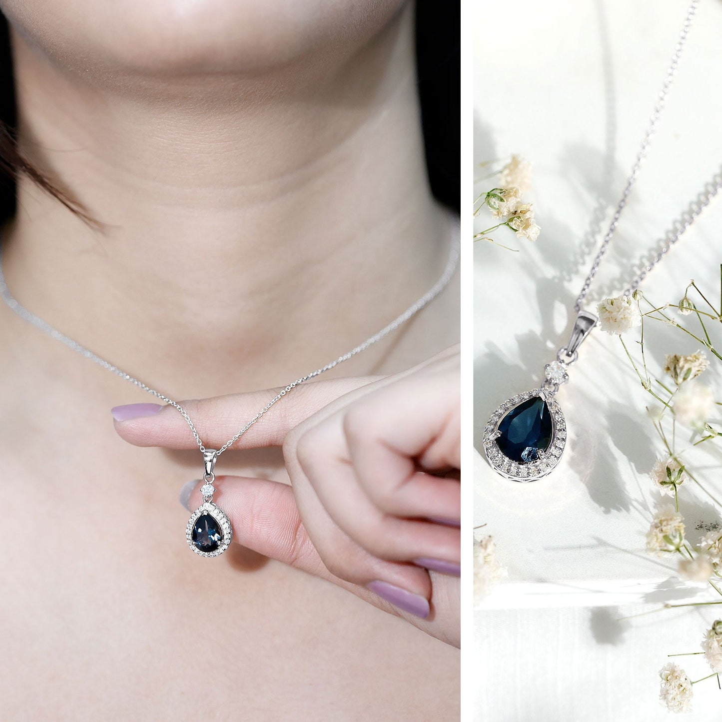 Certified London Blue Topaz Teardrop Necklace with Moissanite Halo