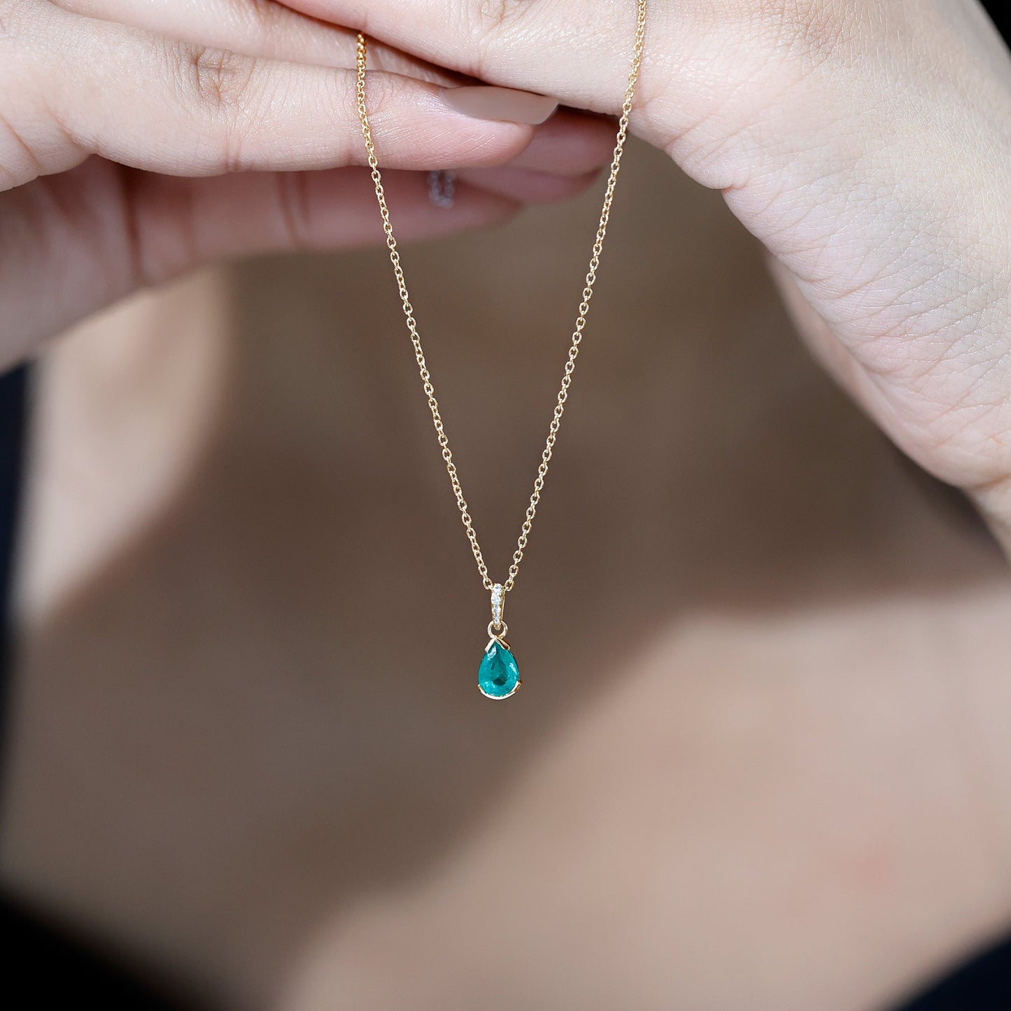 Pear Cut Emerald Solitaire Pendant with Diamond Accent Bail
