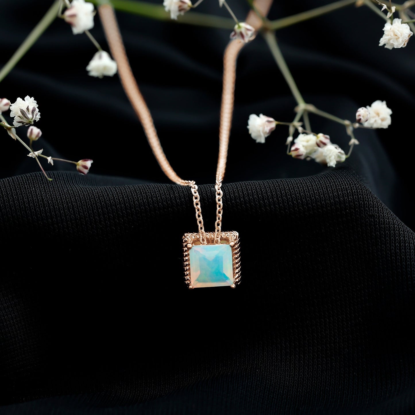 2 Carat Princess Cut Ethiopian Opal Solitaire Necklace with Rope Frame