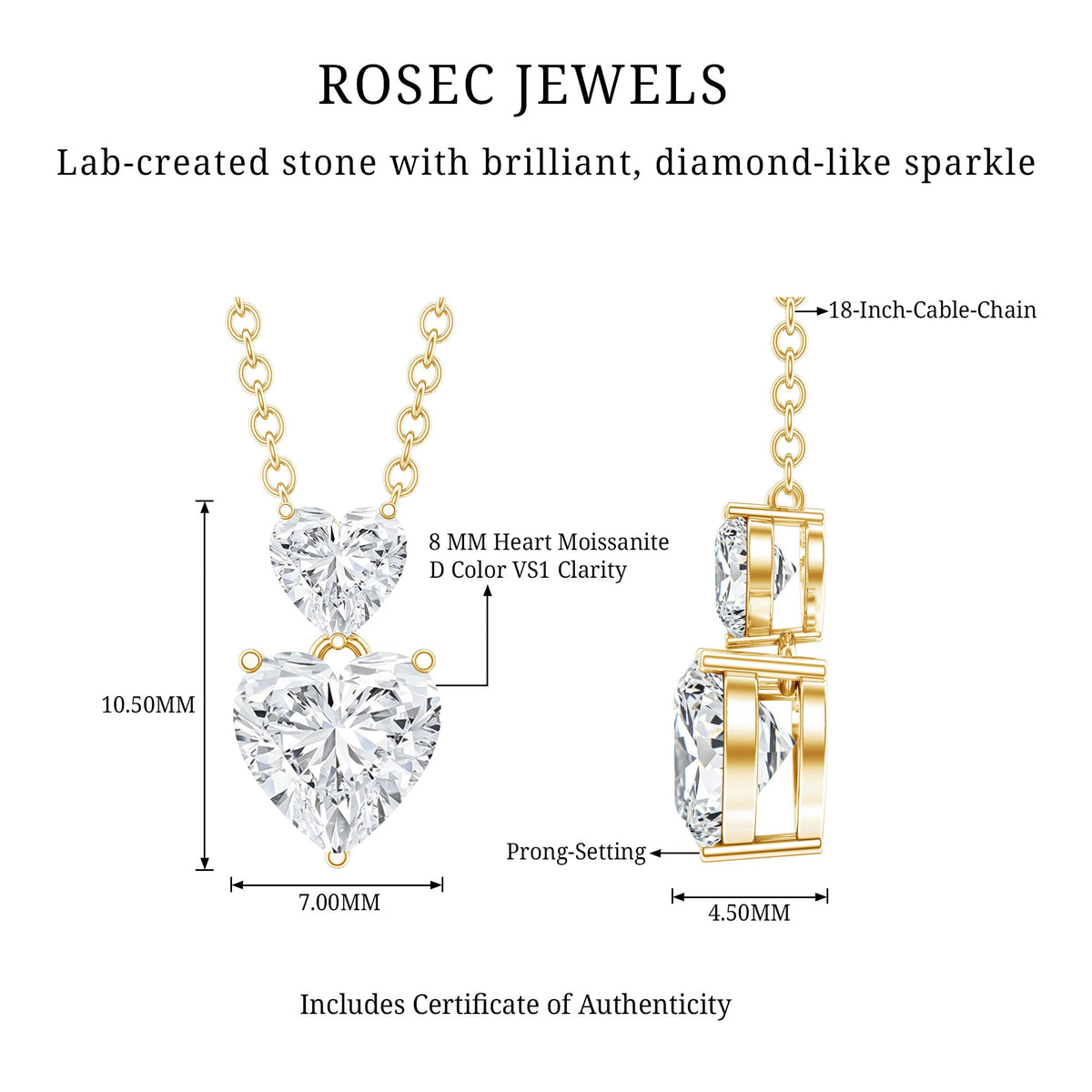 Certified Moissanite Double Heart Necklace in Prong Setting
