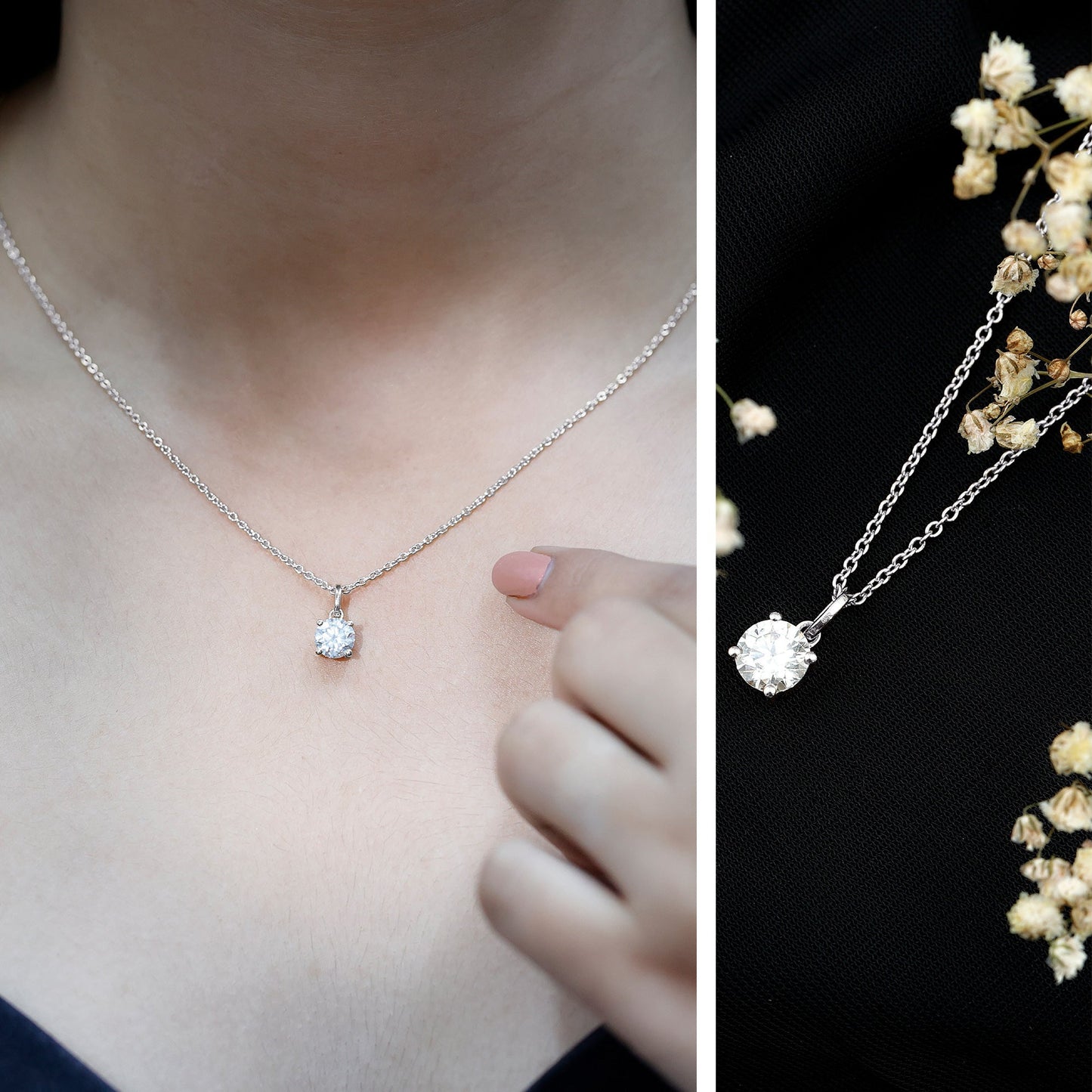 Certified 1 Carat Round Brilliant Cut Moissanite Solitaire Necklace With Silver Chain