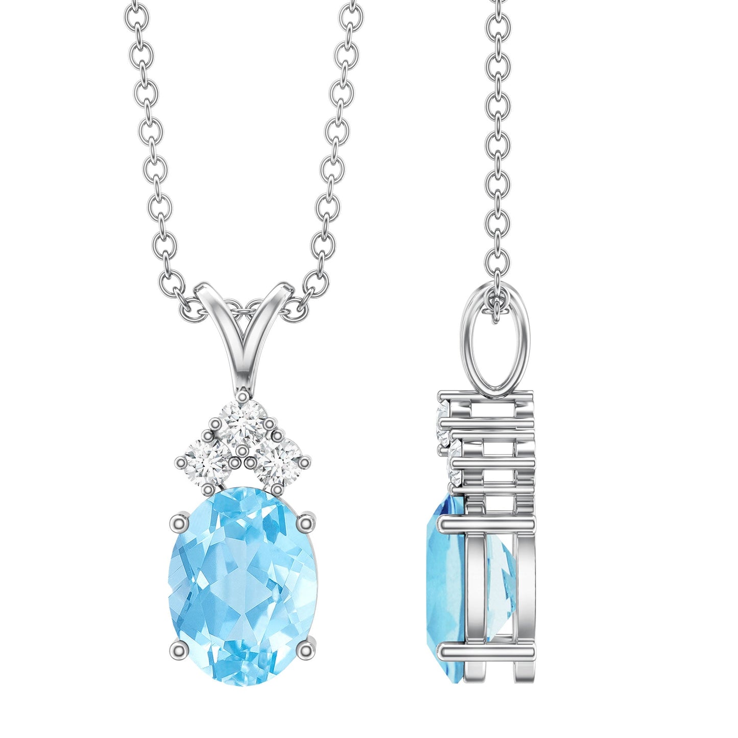 Real 1 Carat Oval Cut Aquamarine Pendant Necklace with Diamond Trio