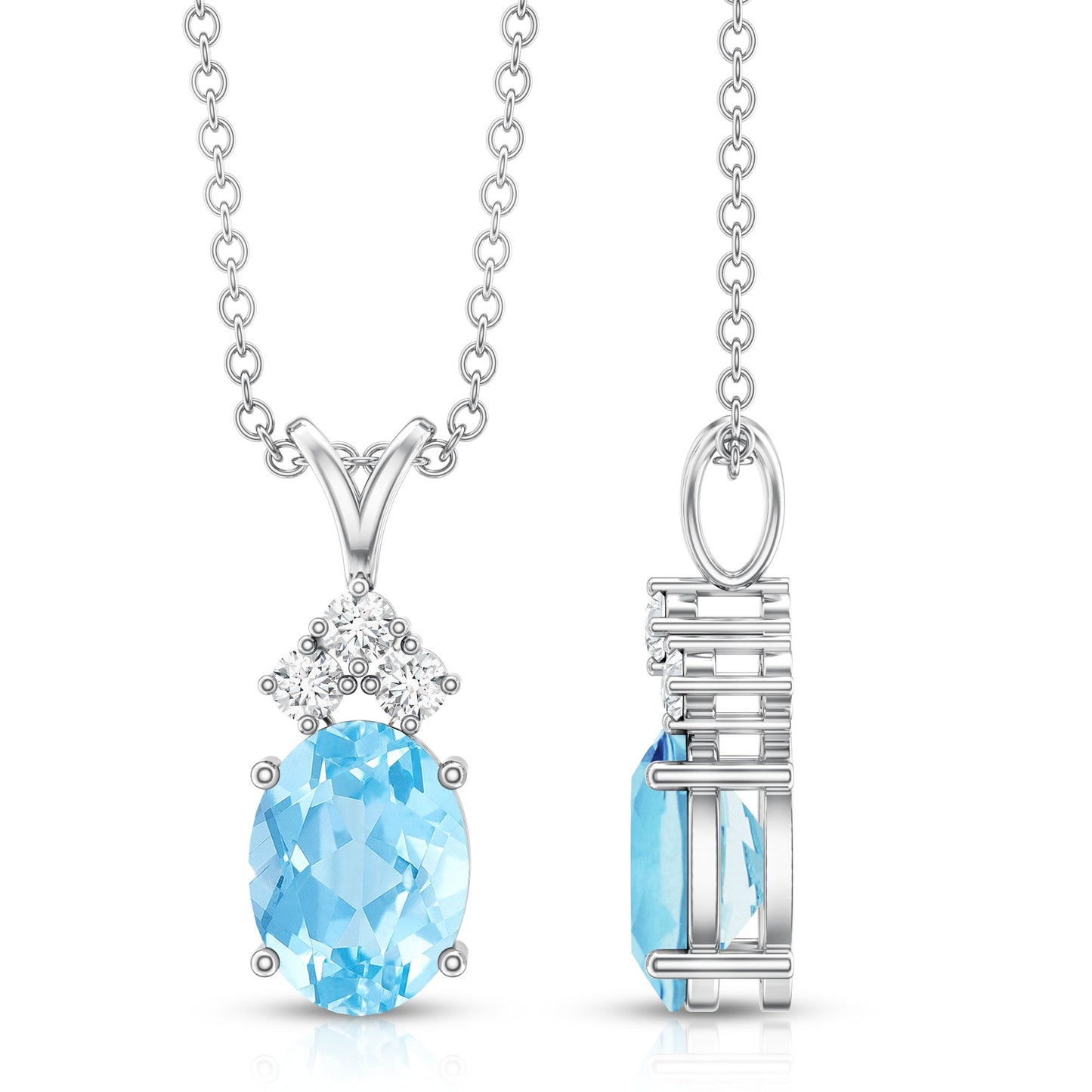 Real 1 Carat Oval Cut Aquamarine Pendant Necklace with Diamond Trio