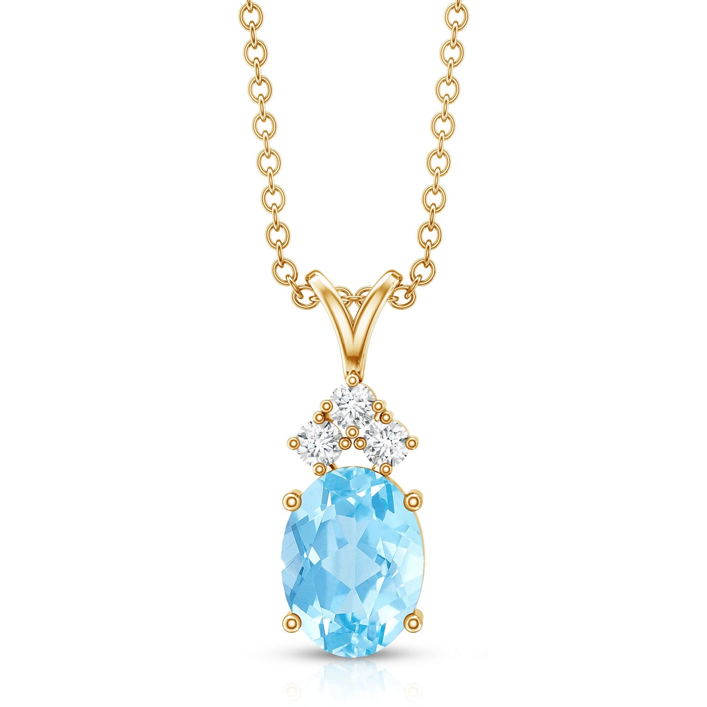 Real 1 Carat Oval Cut Aquamarine Pendant Necklace with Diamond Trio