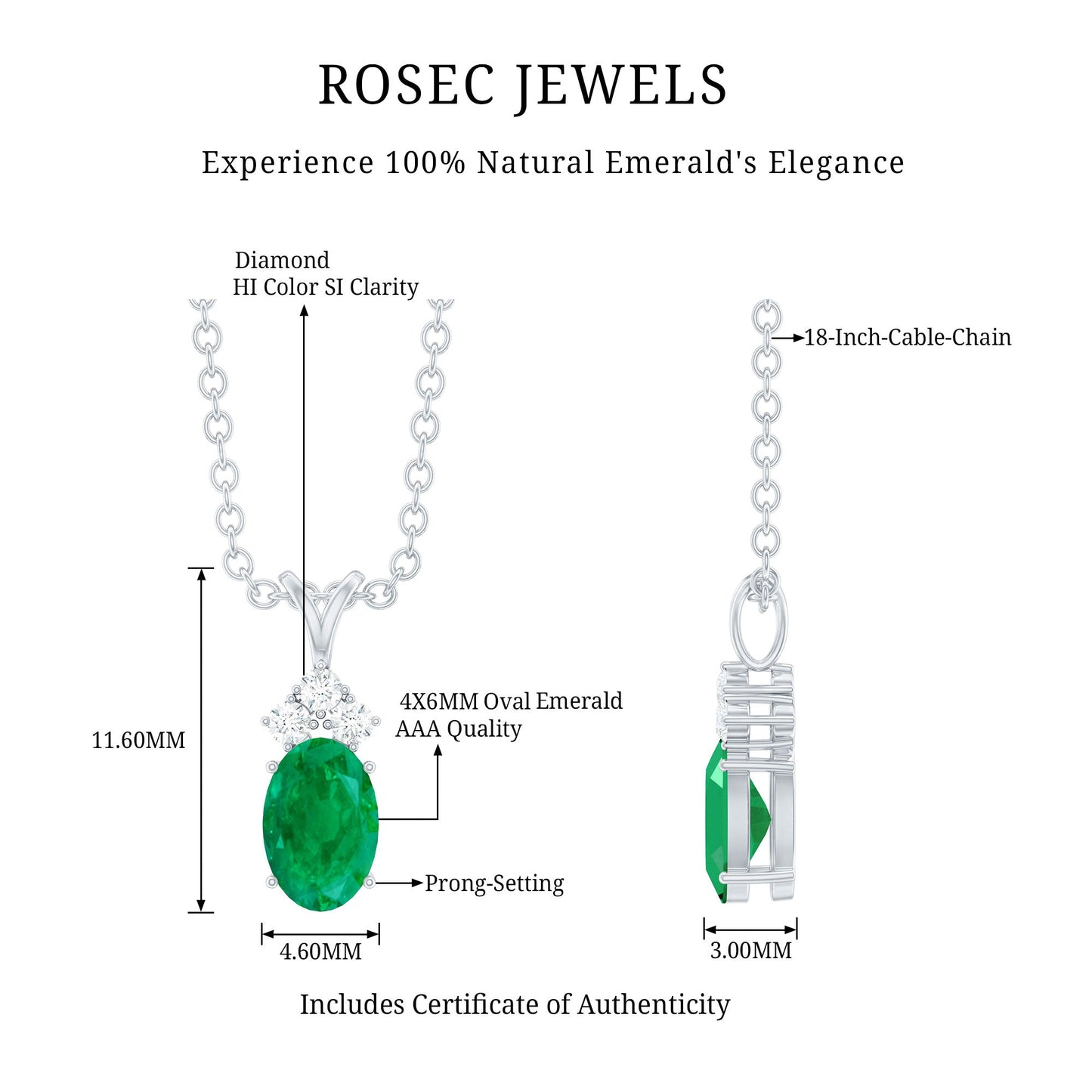 Natural Oval Emerald Pendant Necklace with Diamond Trio