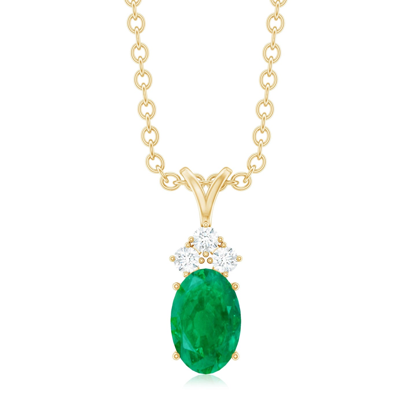 Natural Oval Emerald Pendant Necklace with Diamond Trio