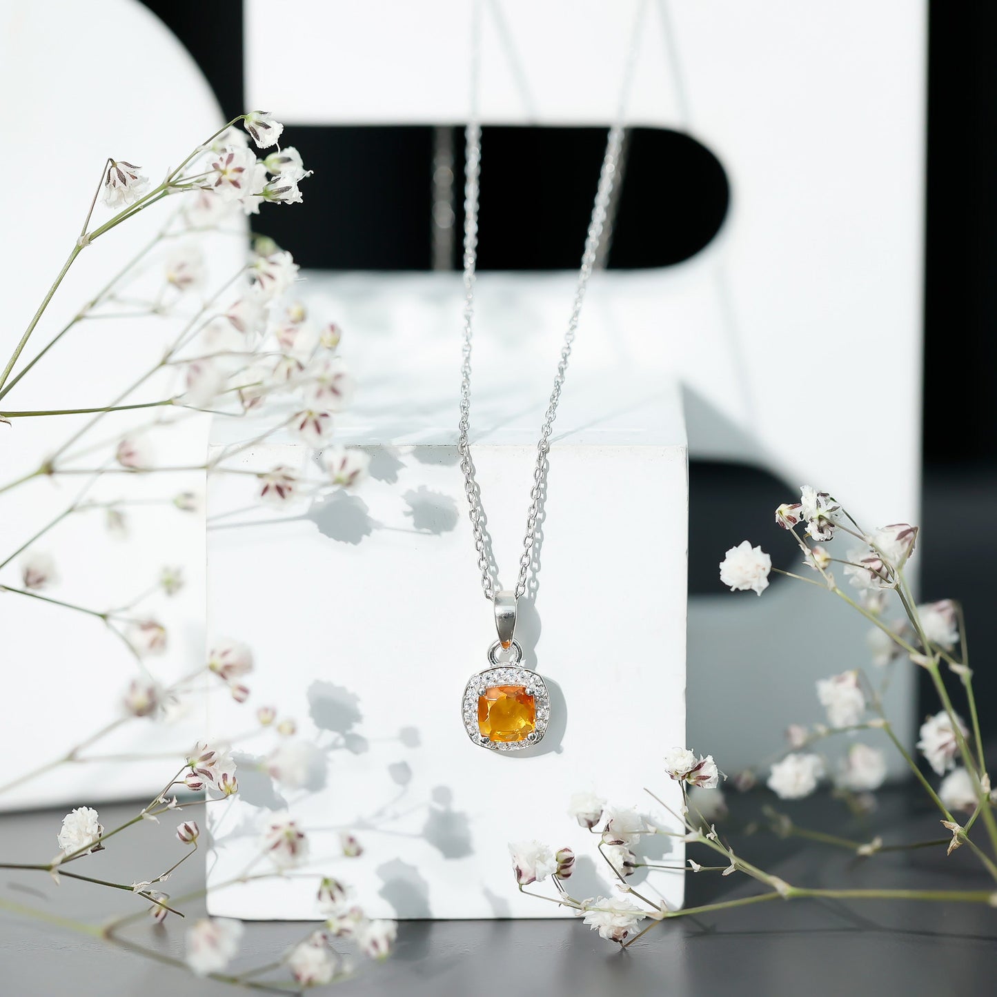Cushion Cut 1 Carat Citrine Pendant Necklace with Moissanite Halo