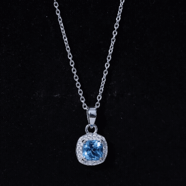 Natural Cushion Cut Swiss Blue Topaz Moissanite Halo Necklace with Silver Chain
