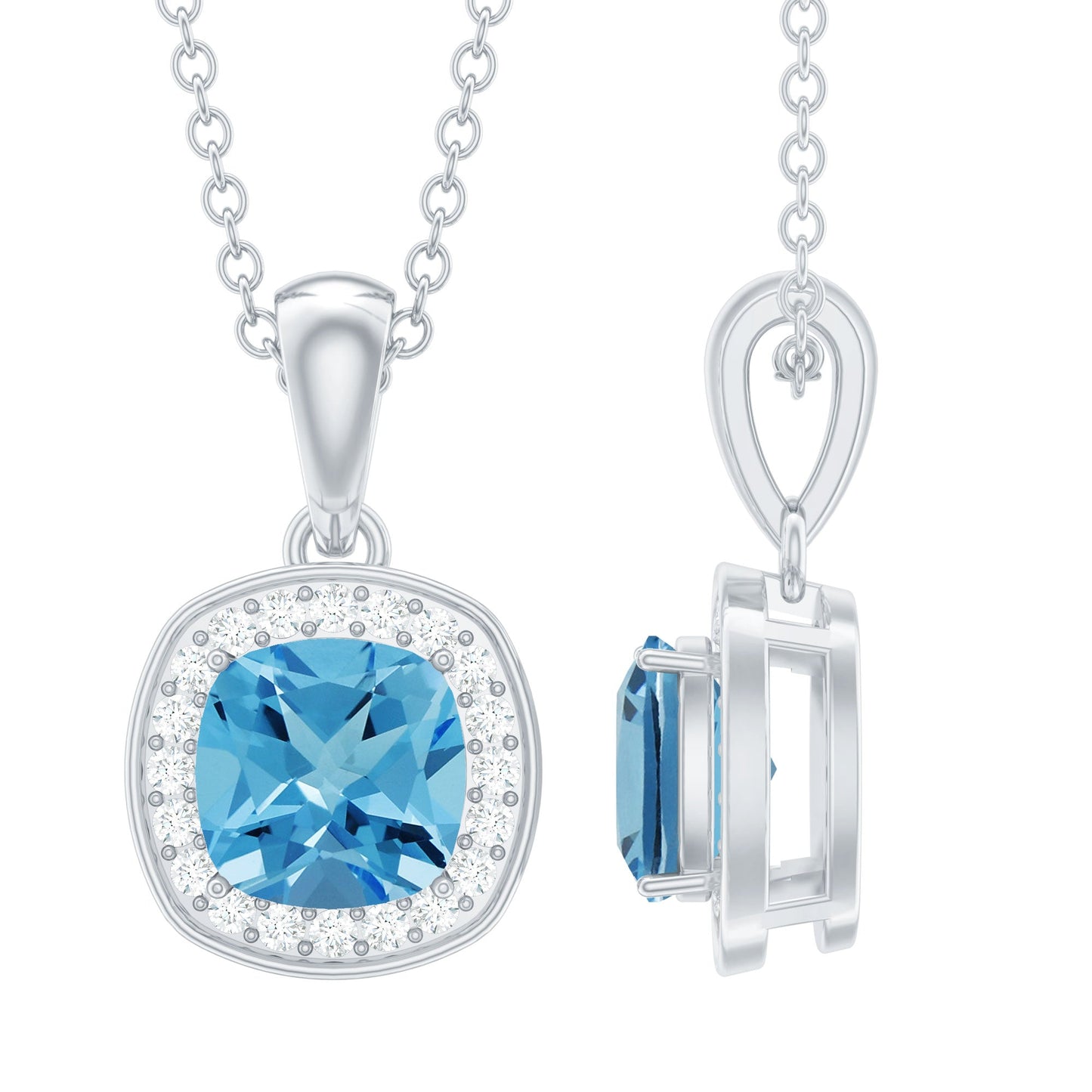 Natural Cushion Cut Swiss Blue Topaz Moissanite Halo Necklace with Silver Chain