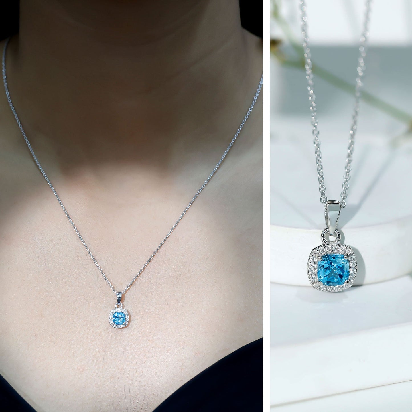 Natural Cushion Cut Swiss Blue Topaz Moissanite Halo Necklace with Silver Chain