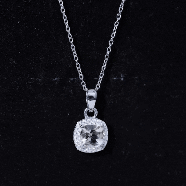 Natural Cushion Cut 1 Carat Morganite Necklace with Moissanite Halo