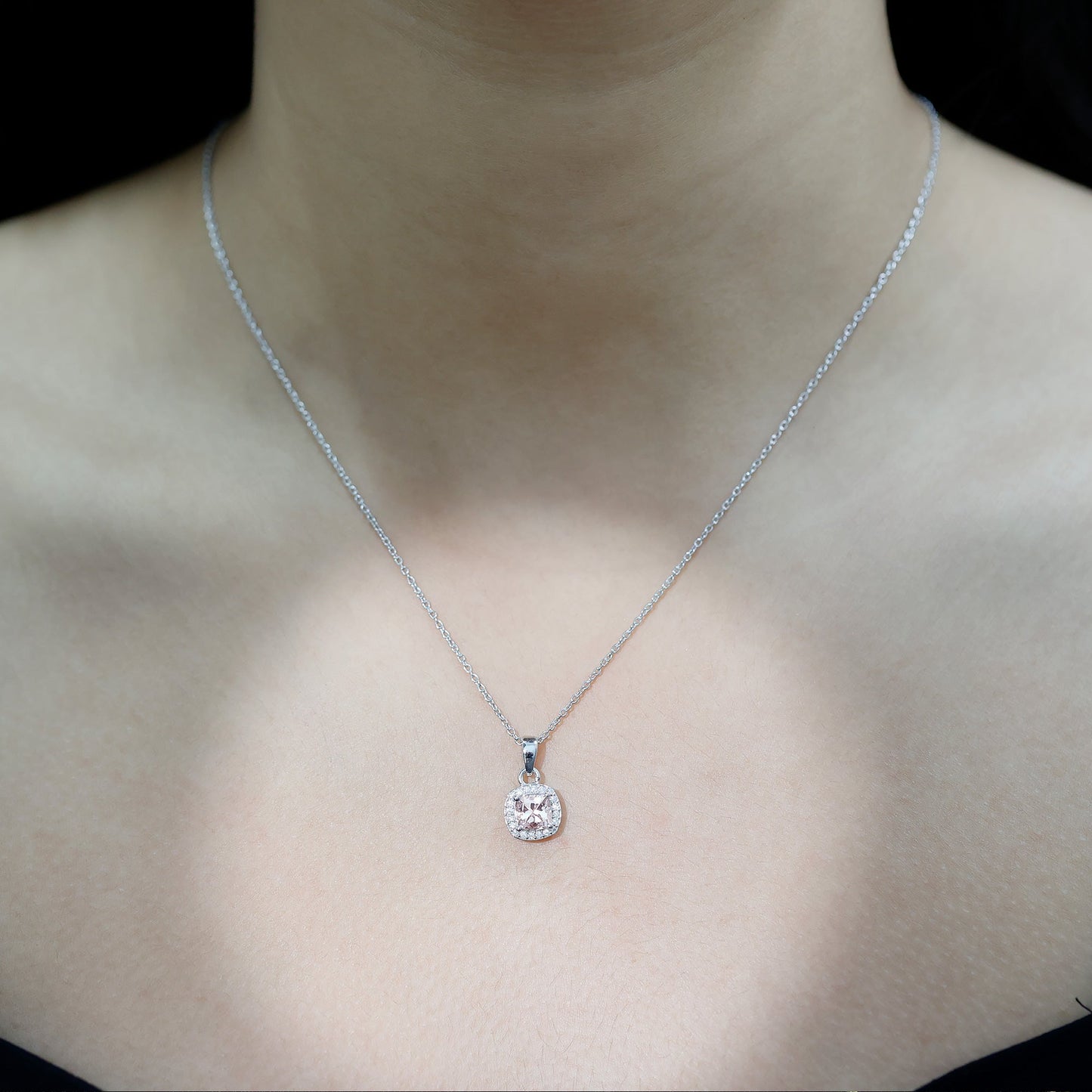 Natural Cushion Cut 1 Carat Morganite Necklace with Moissanite Halo