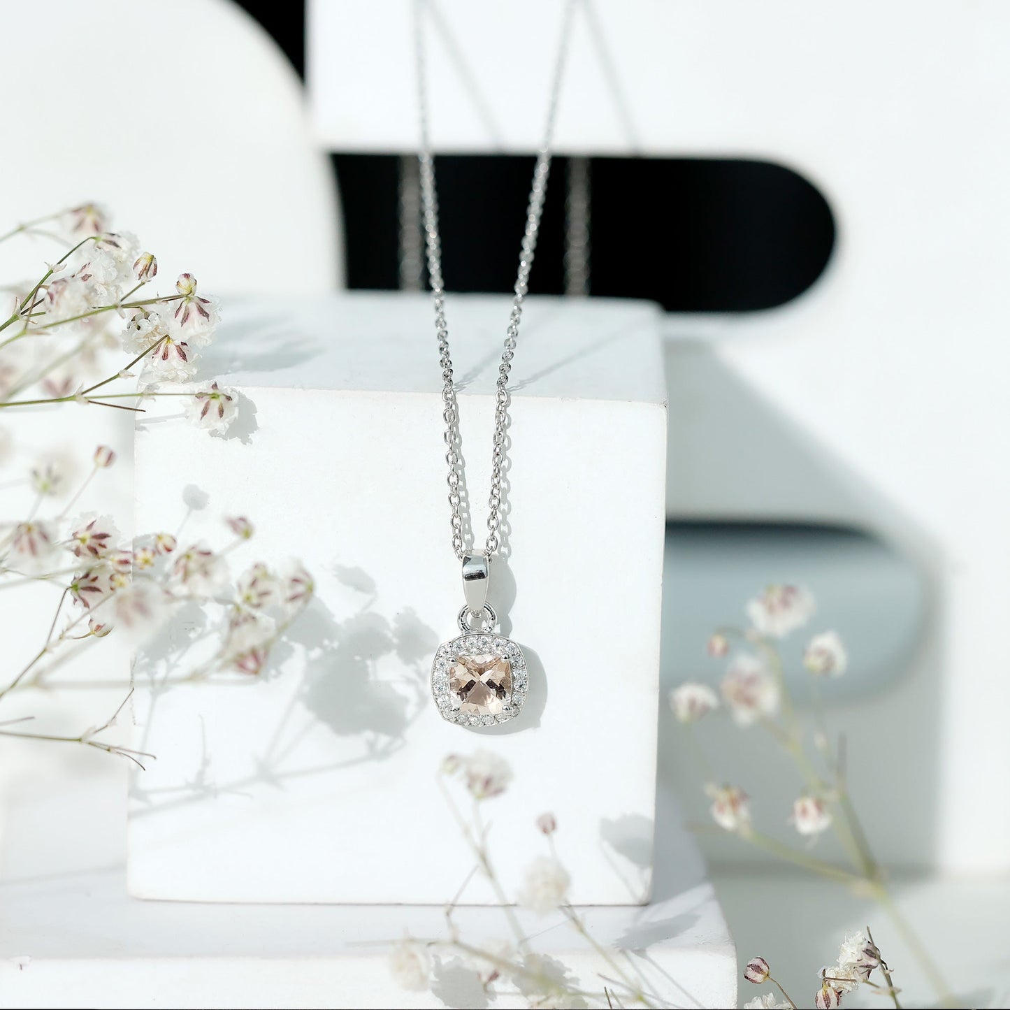 Natural Cushion Cut 1 Carat Morganite Necklace with Moissanite Halo
