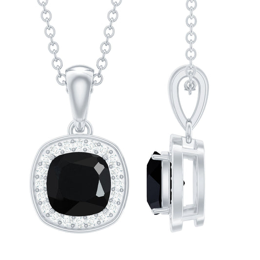 Certified 2 Carat Cushion Cut Black Spinel Necklace with Moissanite Halo