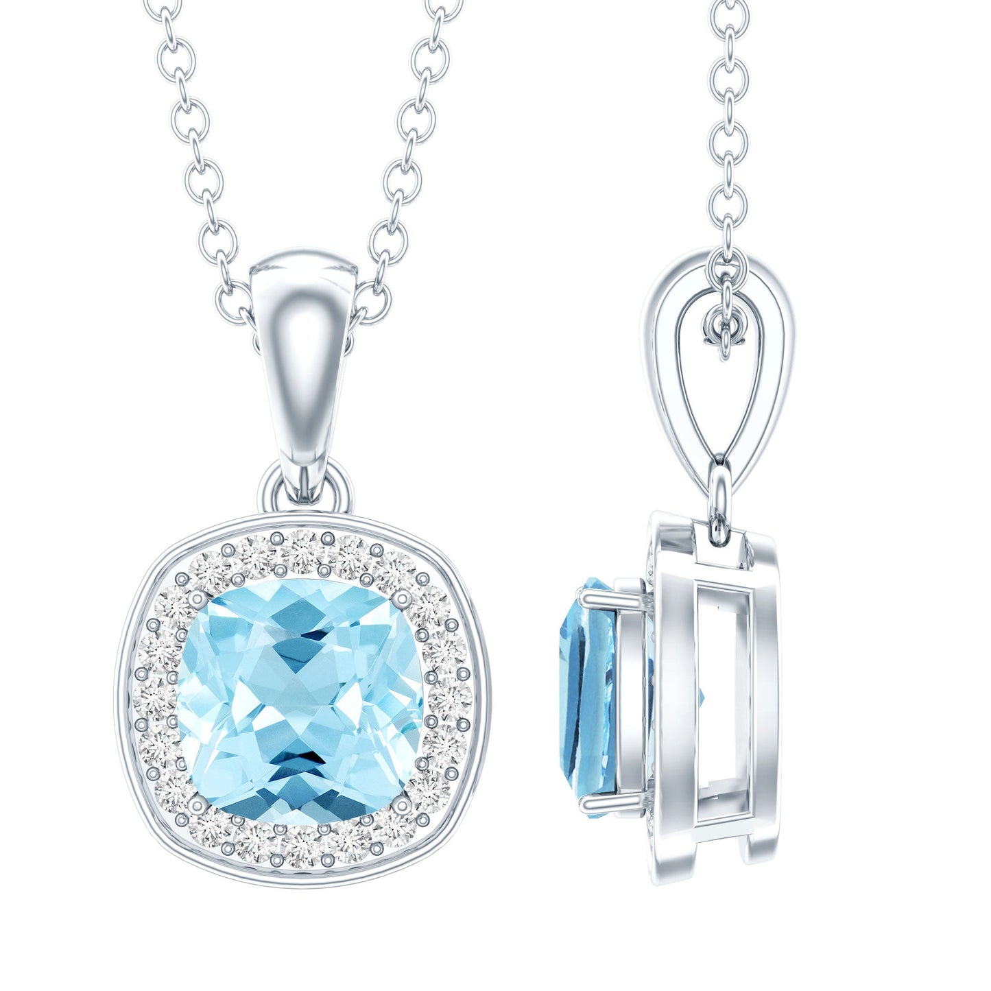 Cushion Cut 1 Carat Aquamarine Classic Necklace with Silver Chain