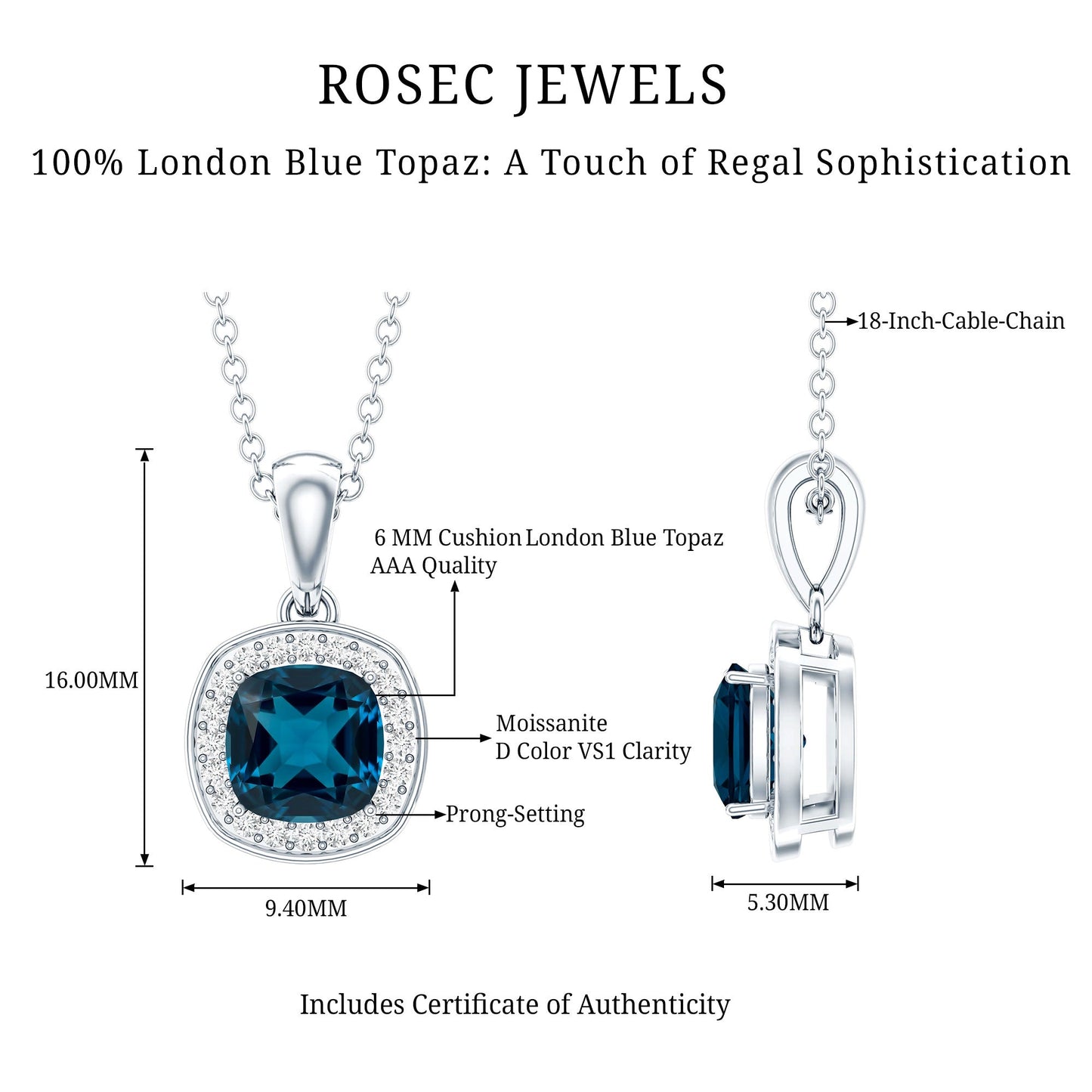 Natural 1 Carat London Blue Topaz Necklace with Chain
