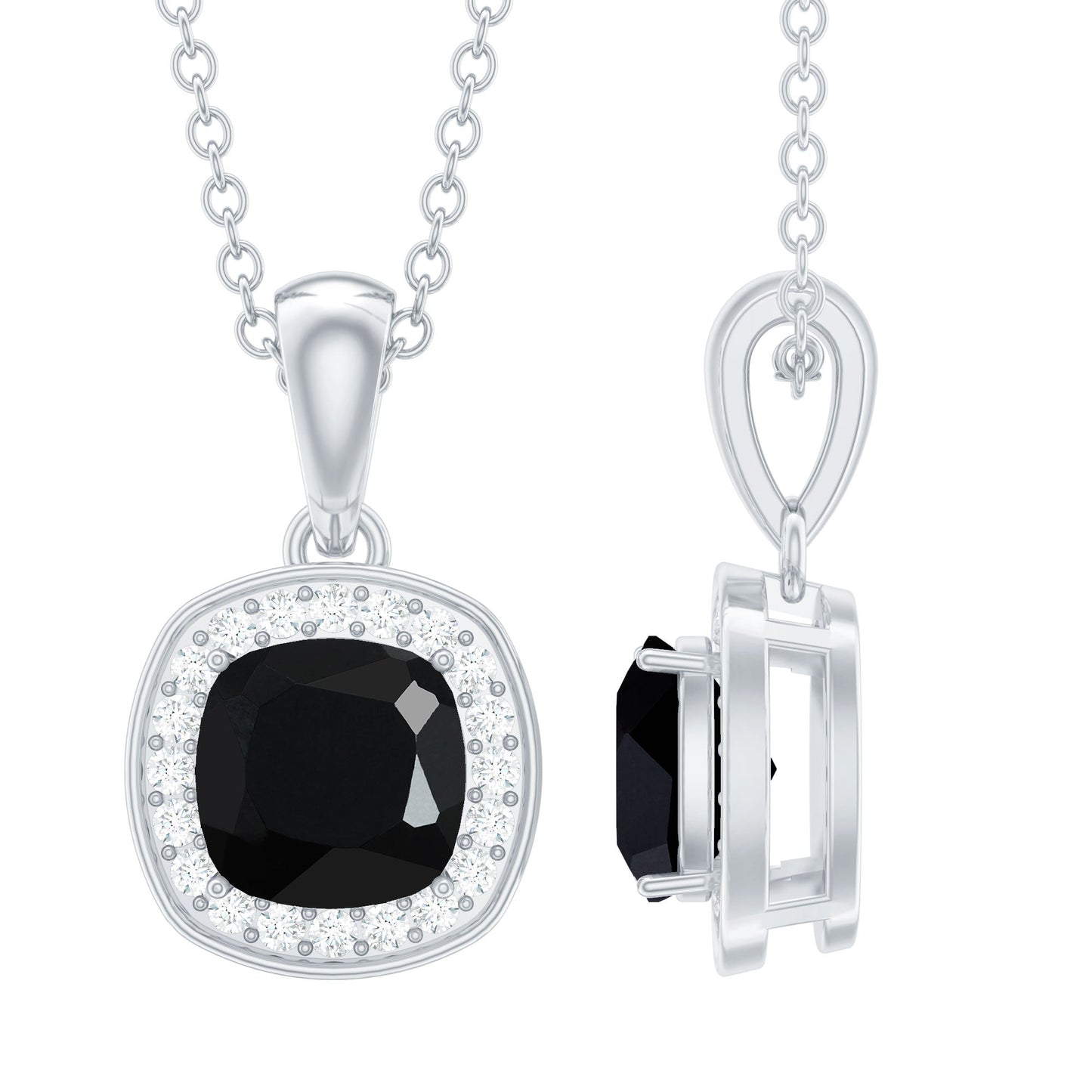 Cushion Cut 2 Carat Black Onyx and Moissanite Halo Necklace with Silver Chain