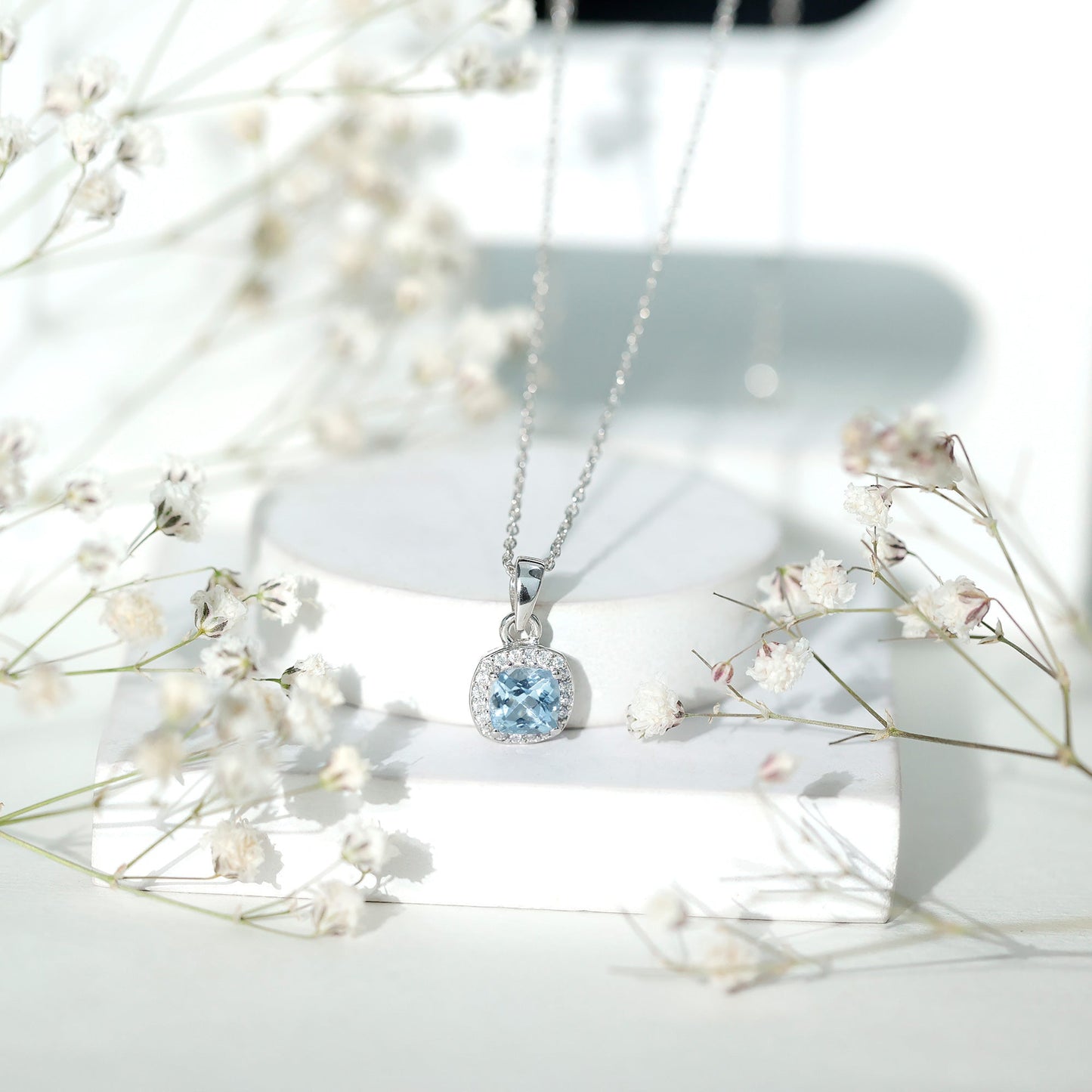Natural Sky Blue Topaz Birthstone Necklace With Silver Chain