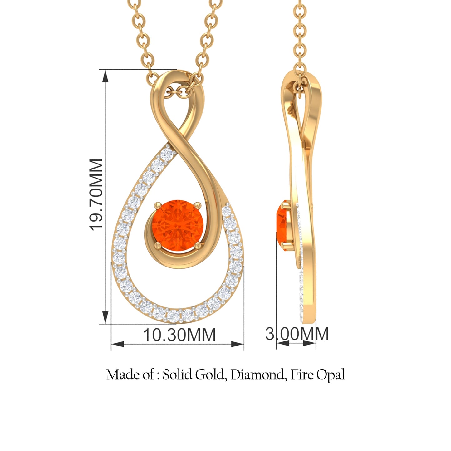 Natural Fire Opal Infinity Pendant Necklace with Diamond