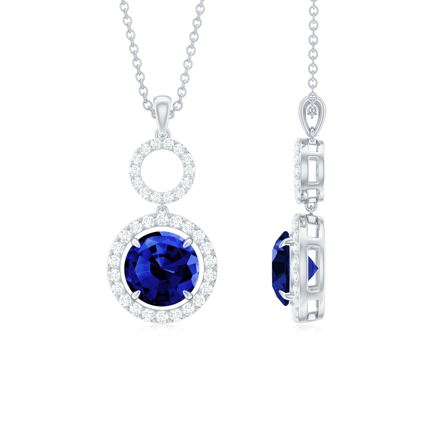 Lab Grown Blue Sapphire Halo Pendant with Moissanite