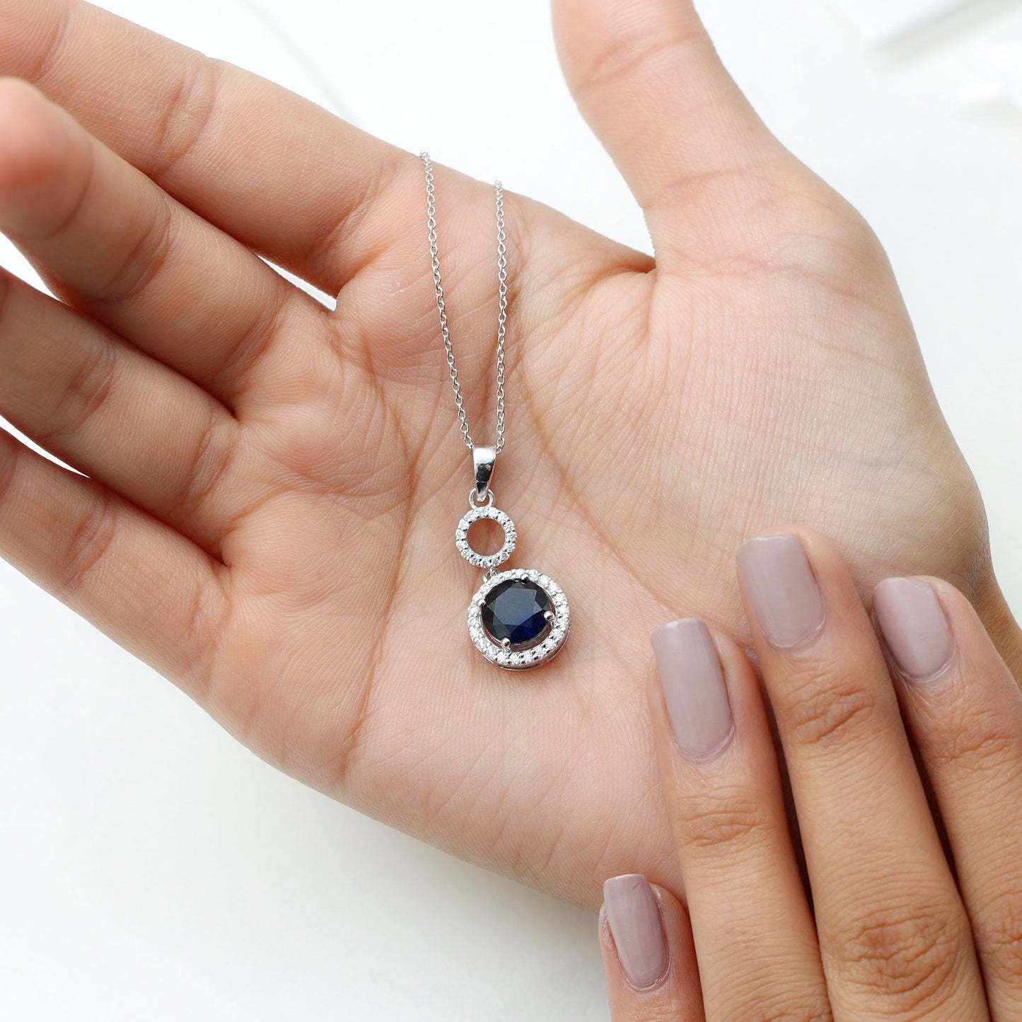Lab Grown Blue Sapphire Halo Pendant with Moissanite