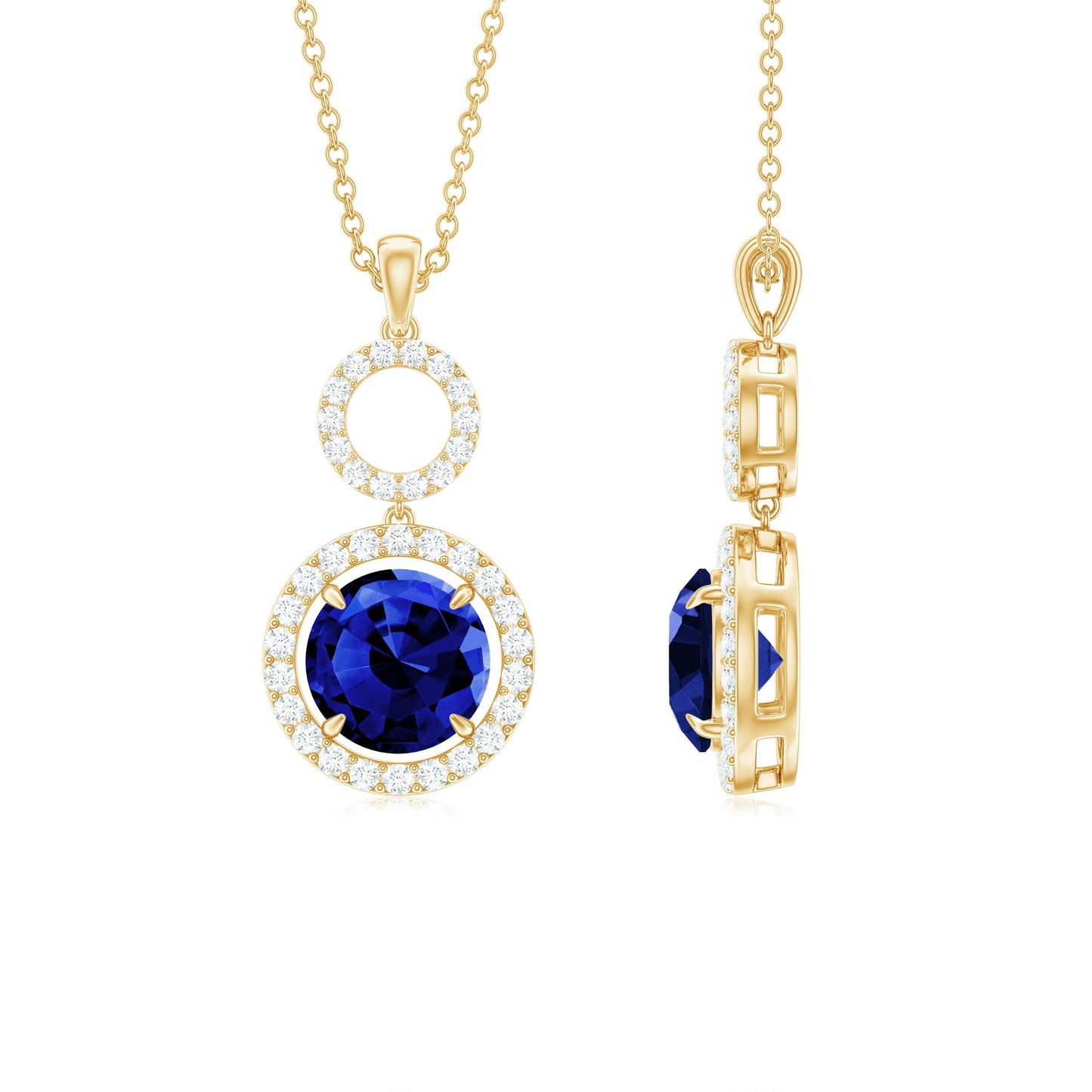Lab Grown Blue Sapphire Halo Pendant with Moissanite