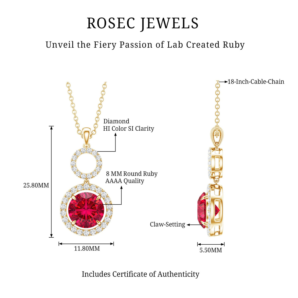Lab Grown Ruby and Diamond Halo Dangle Pendant Necklace