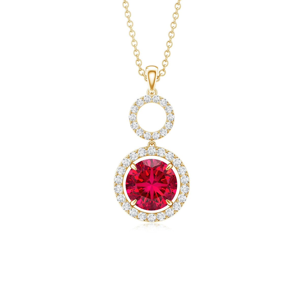 Lab Grown Ruby and Diamond Halo Dangle Pendant Necklace