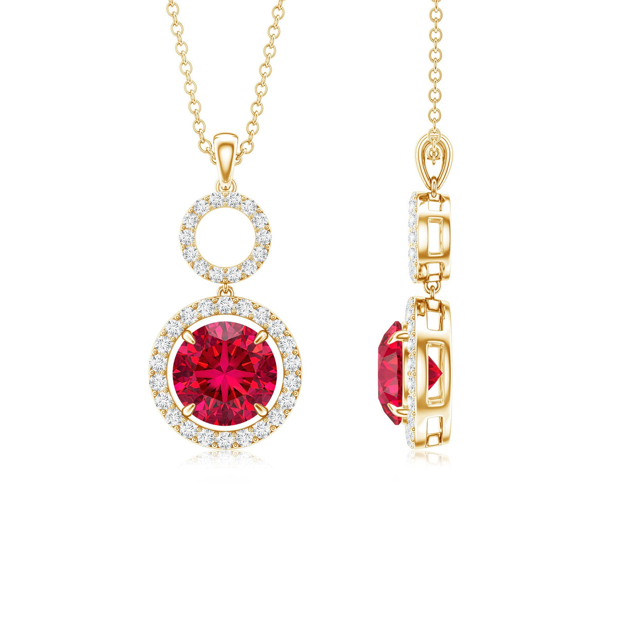 Lab Grown Ruby and Diamond Halo Dangle Pendant Necklace