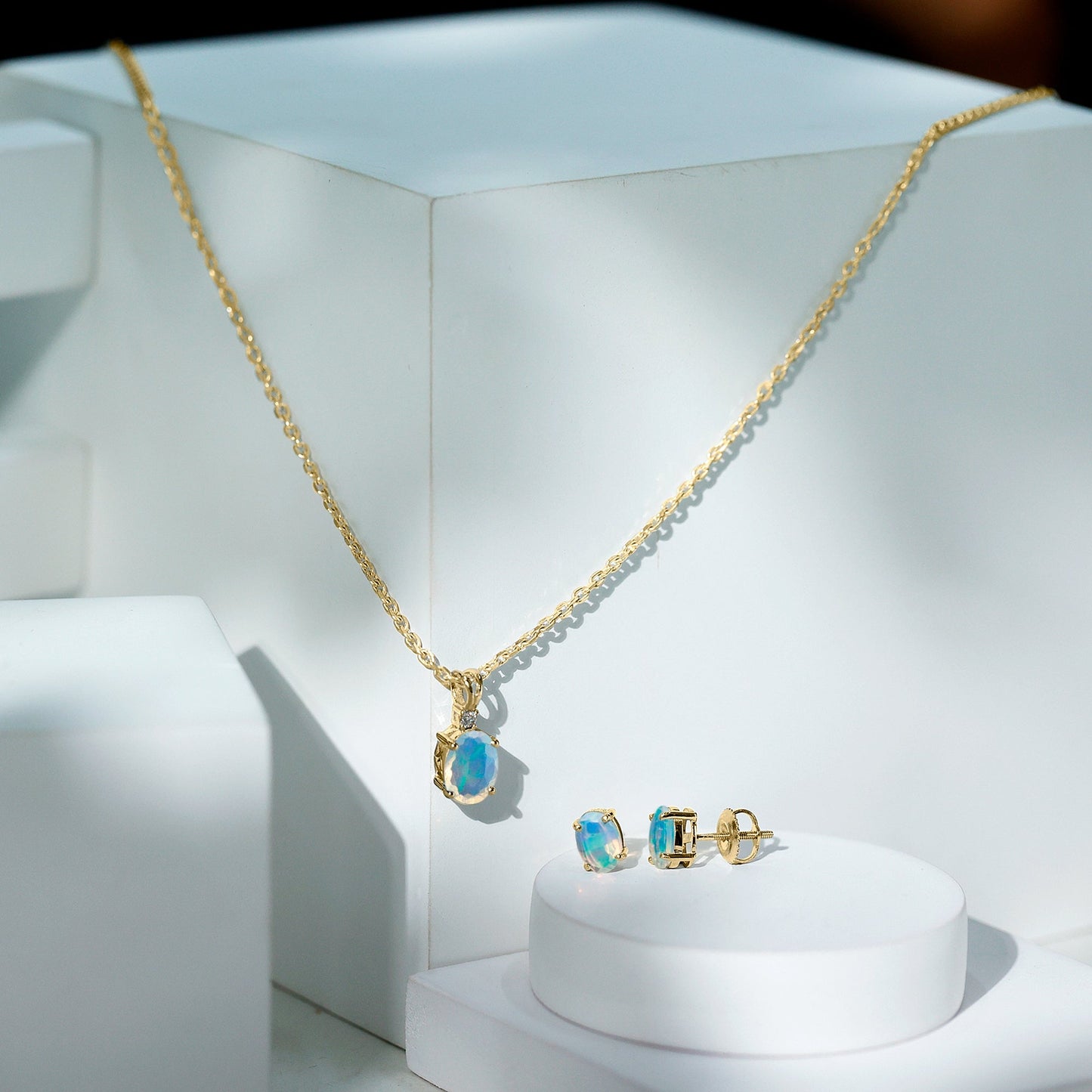 Real 3 Carat Oval Shaped Ethiopian Opal Solitaire Necklace Earrings Set with Diamond