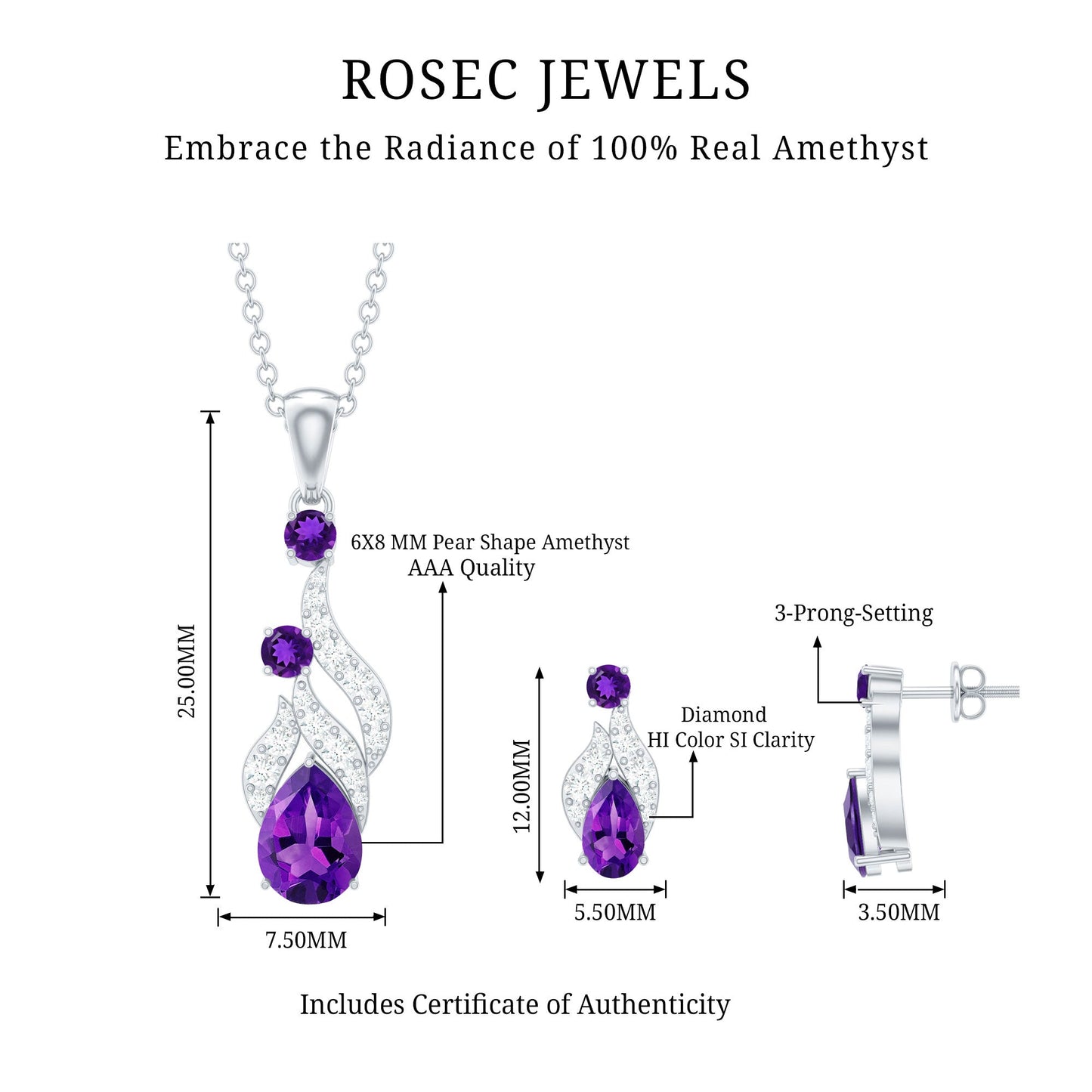 Real Amethyst and Diamond Bridal Dangle Necklace Earrings Set