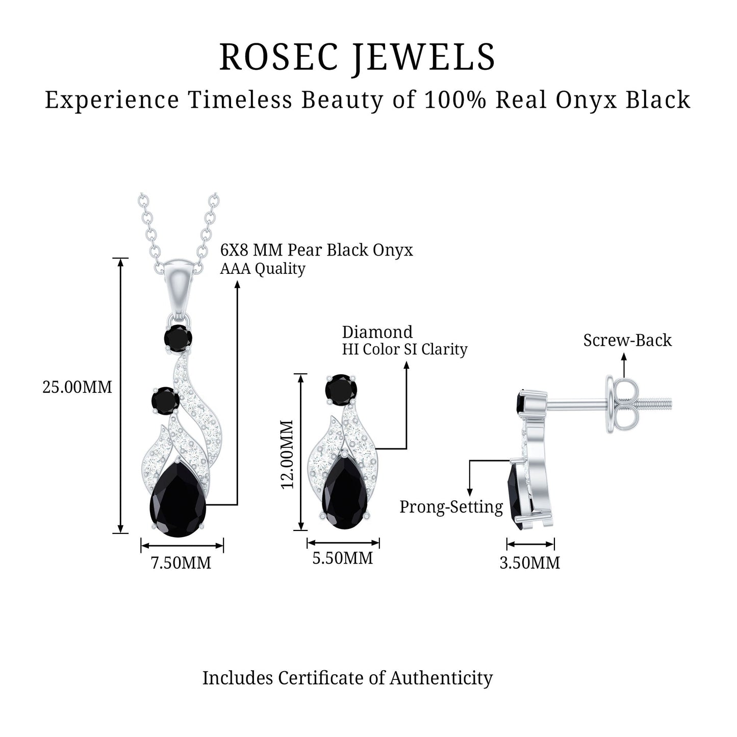 Natural Black Onyx Drop Pendant and Earrings Set with Diamond