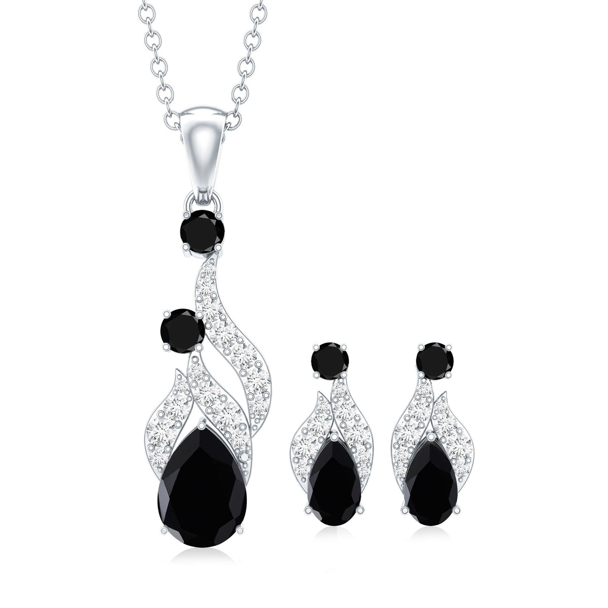 Natural Black Onyx Drop Pendant and Earrings Set with Diamond