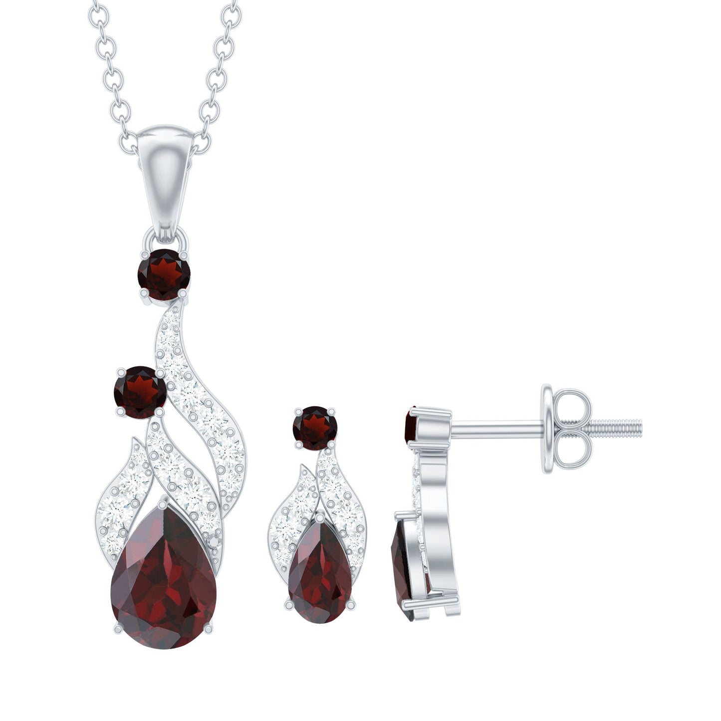 Garnet and Diamond Bridal Dangle Pendant and Earrings Set
