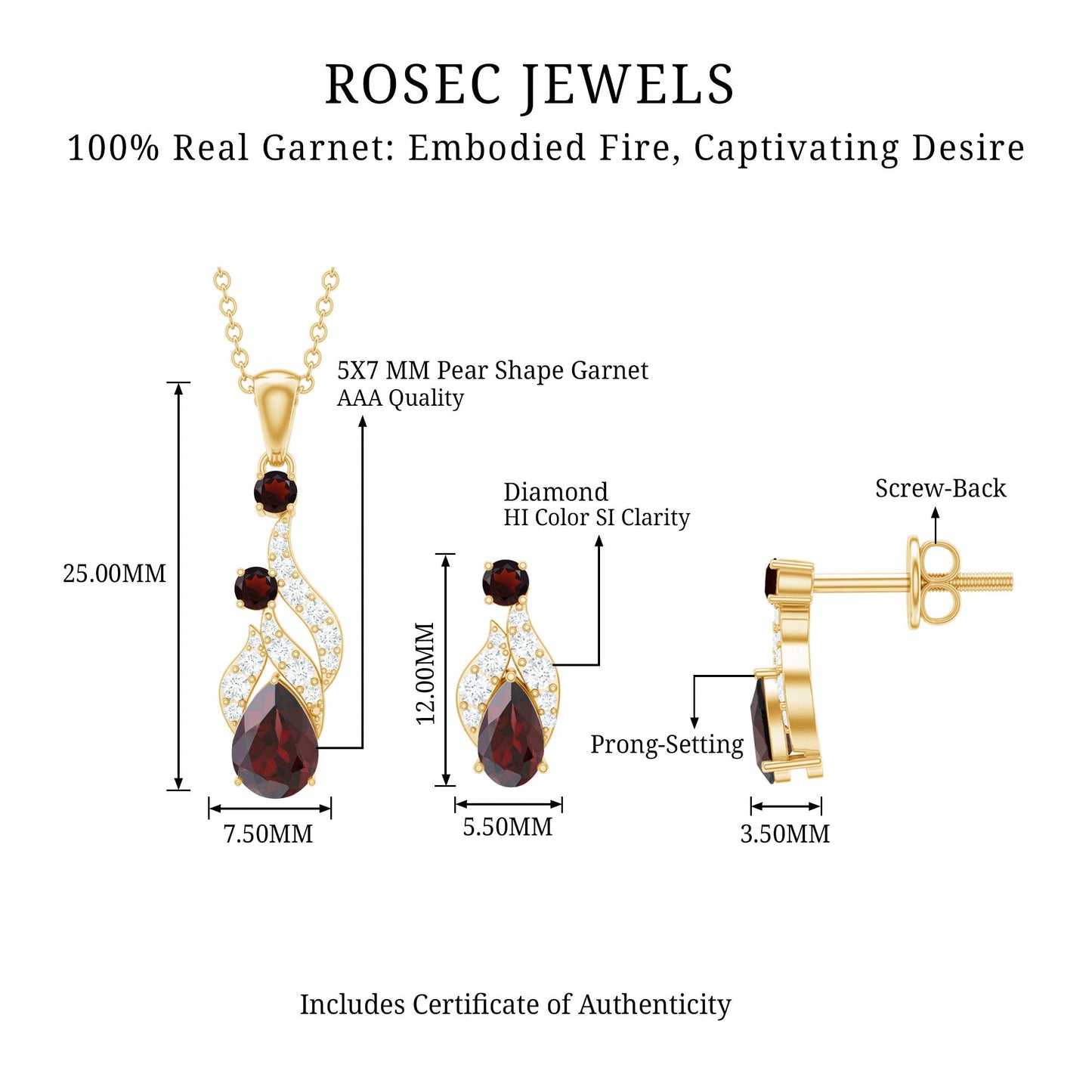 Garnet and Diamond Bridal Dangle Pendant and Earrings Set