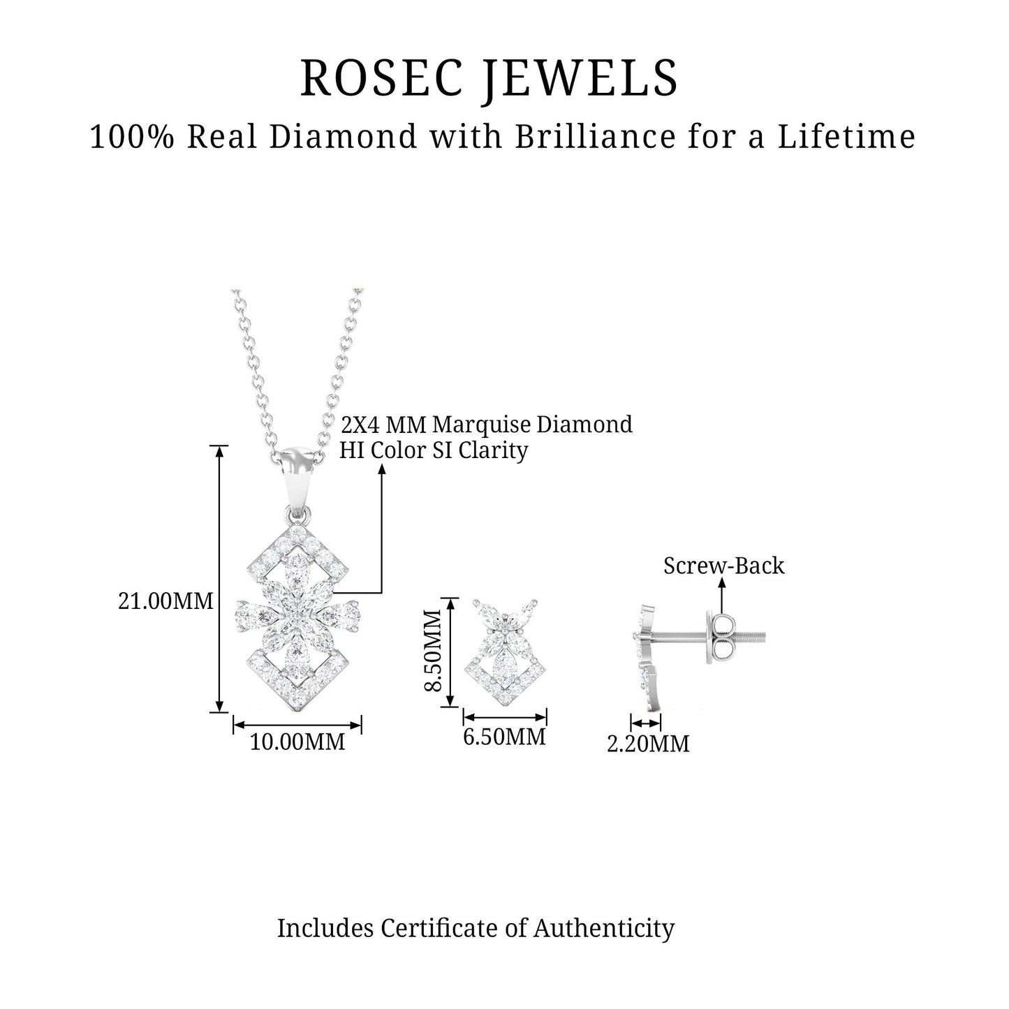 Genuine Diamond Flower Necklace and Earrings Set with Certificate