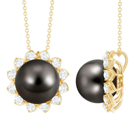 8 Carat Tahitian Black Pearl Sunflower Necklace with Diamond Halo